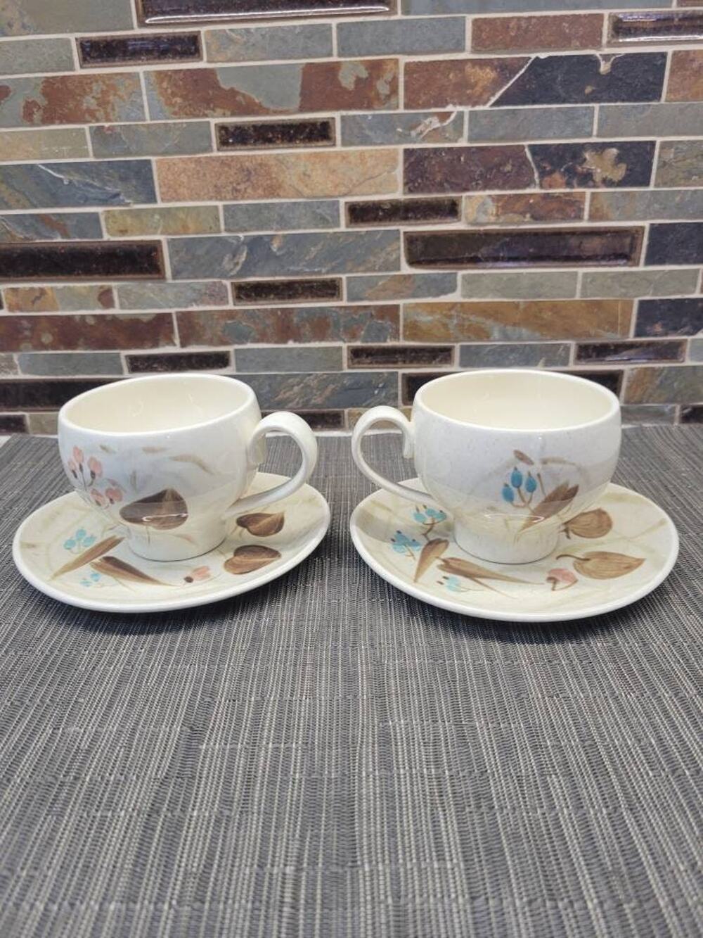 2 Vintage Red Wing Pottery Random Harvest Cup Saucer Sets Mid Century Futura